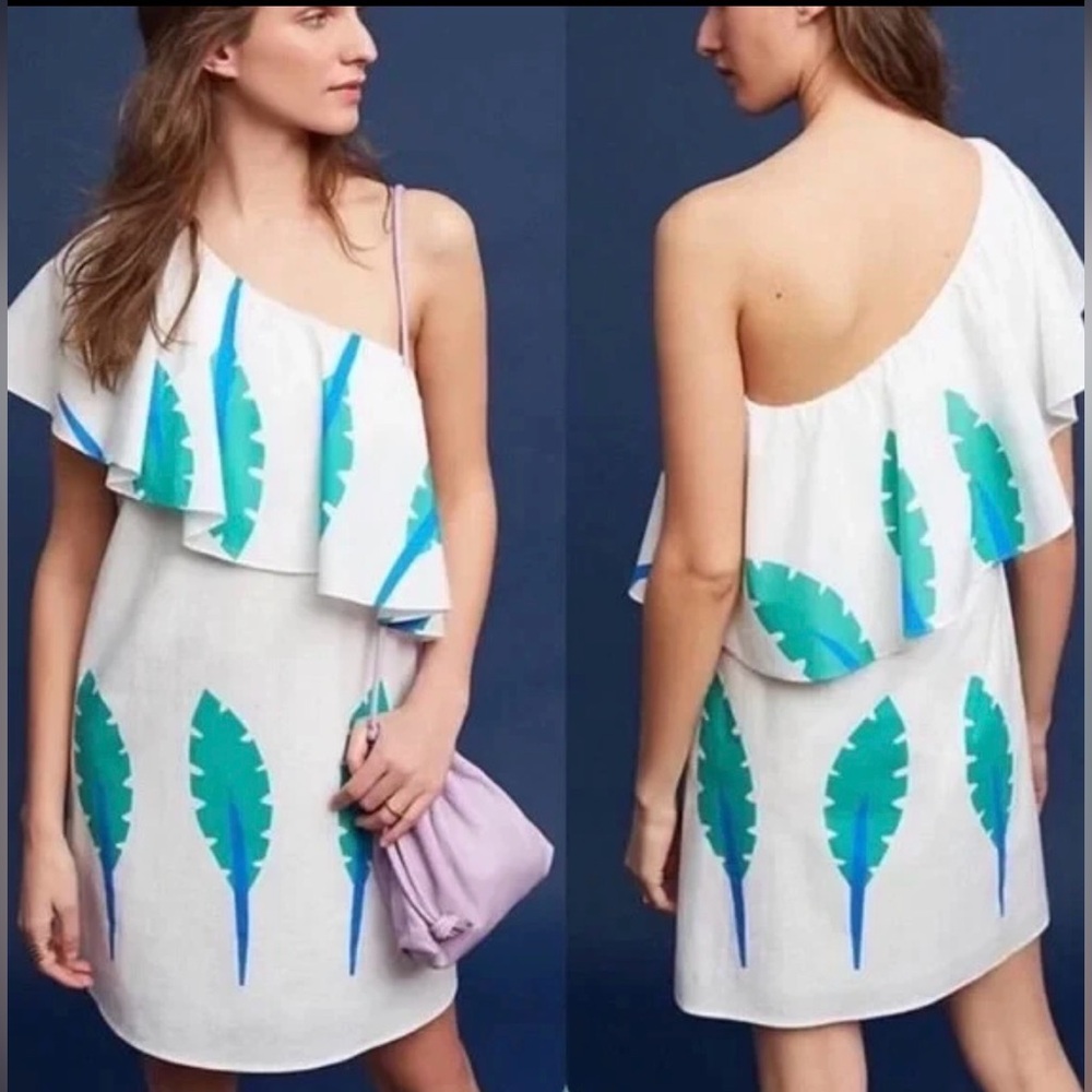 NWT Anthropologie Corey Lynn Calter White and Green One-Shoulder Dress Sz XS